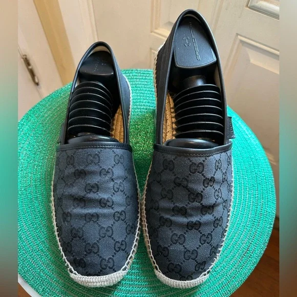 Gucci Men’s GG Canvas Leather Espadrilles Navy Made in Spain Excellent Condition